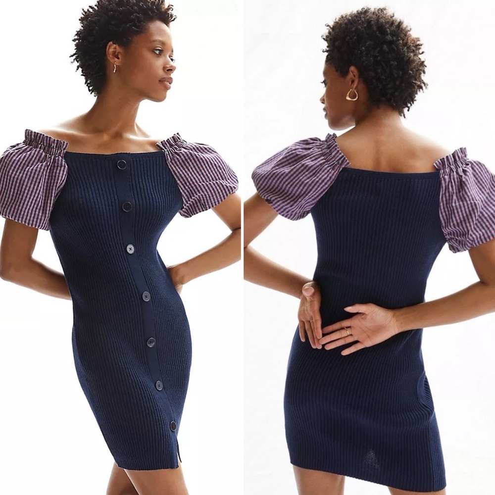 Anthropologie NWT Maeve Puff Sleeve Mini Dress Large navy sweater knit bodycon